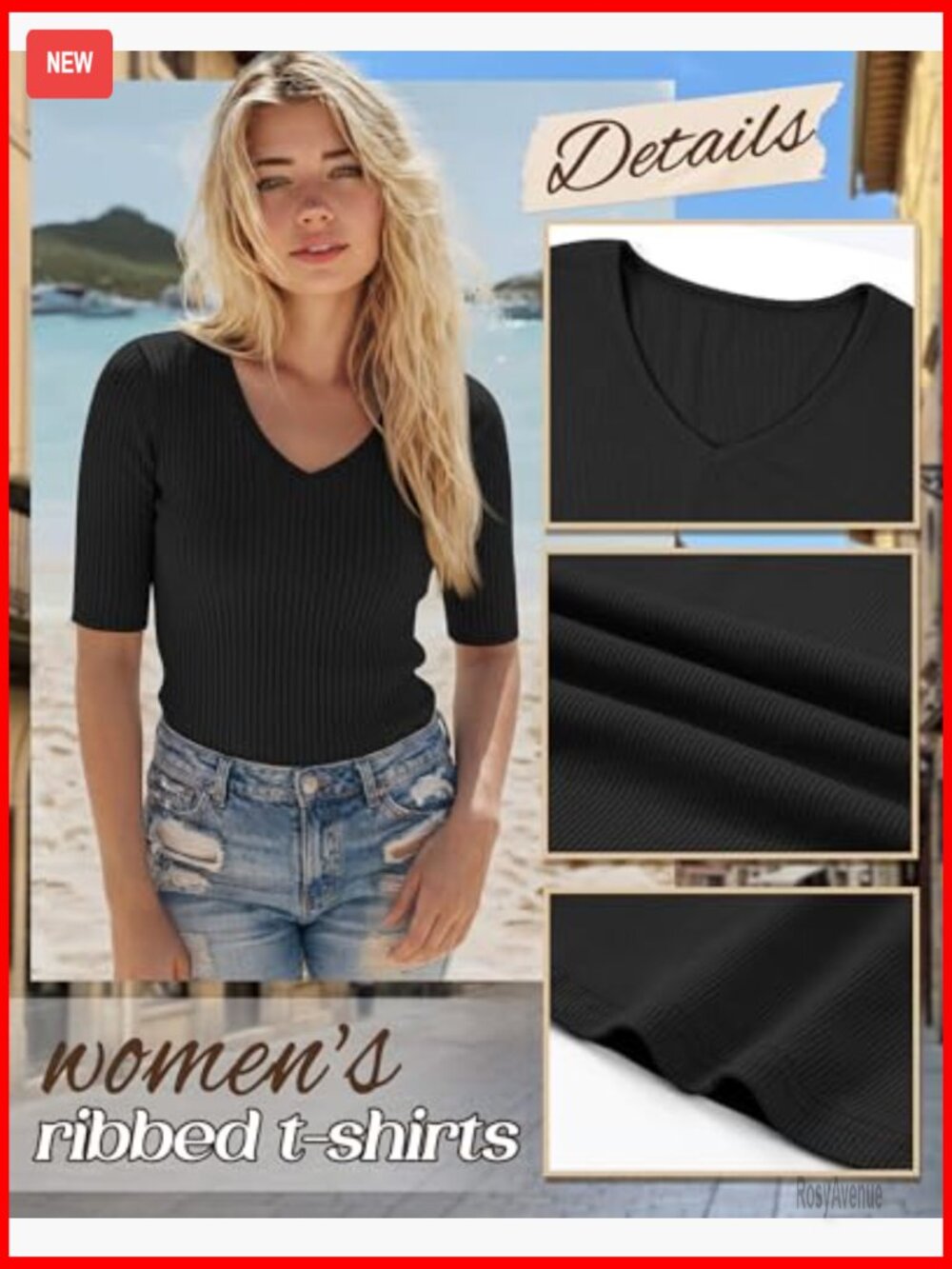 Half Sleeve V Neck Ribbed Knit T-Shirt - Slim Fit Cotton Blend - Picture 4 of 6